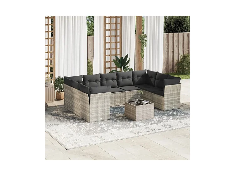 Salon de jardin avec coussins 10 pcs gris clair résine tressée