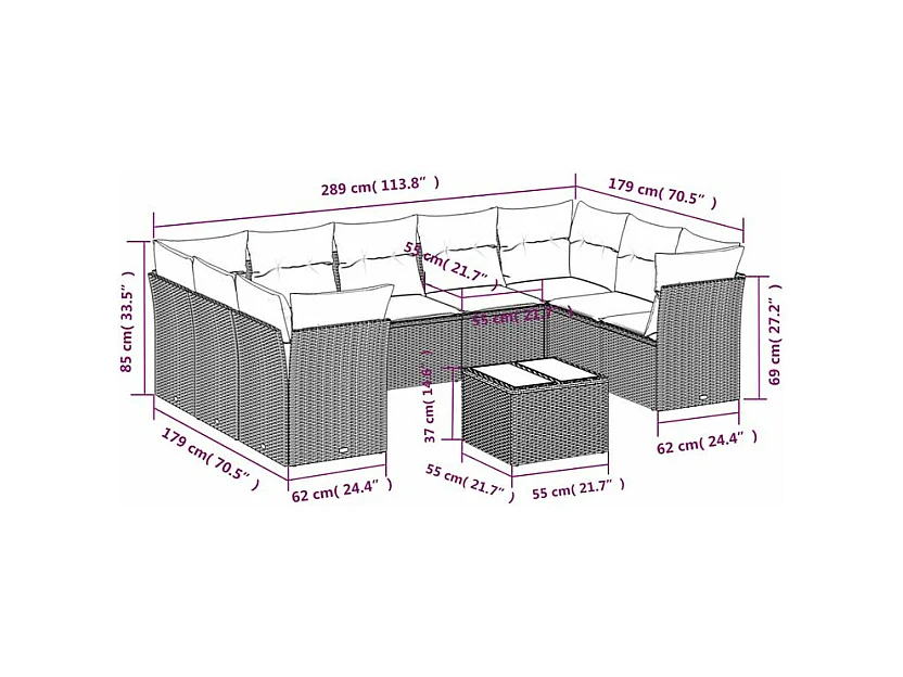 Salon de jardin avec coussins 10 pcs gris clair résine tressée