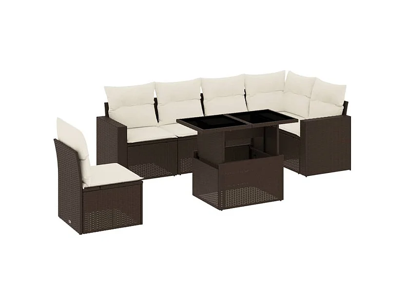 Salon de jardin avec coussins 7 pcs marron résine tressée