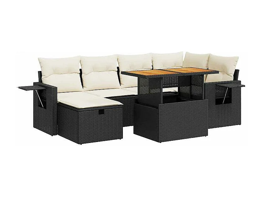 Salon de jardin avec coussins 8 pcs noir résine tressée acacia