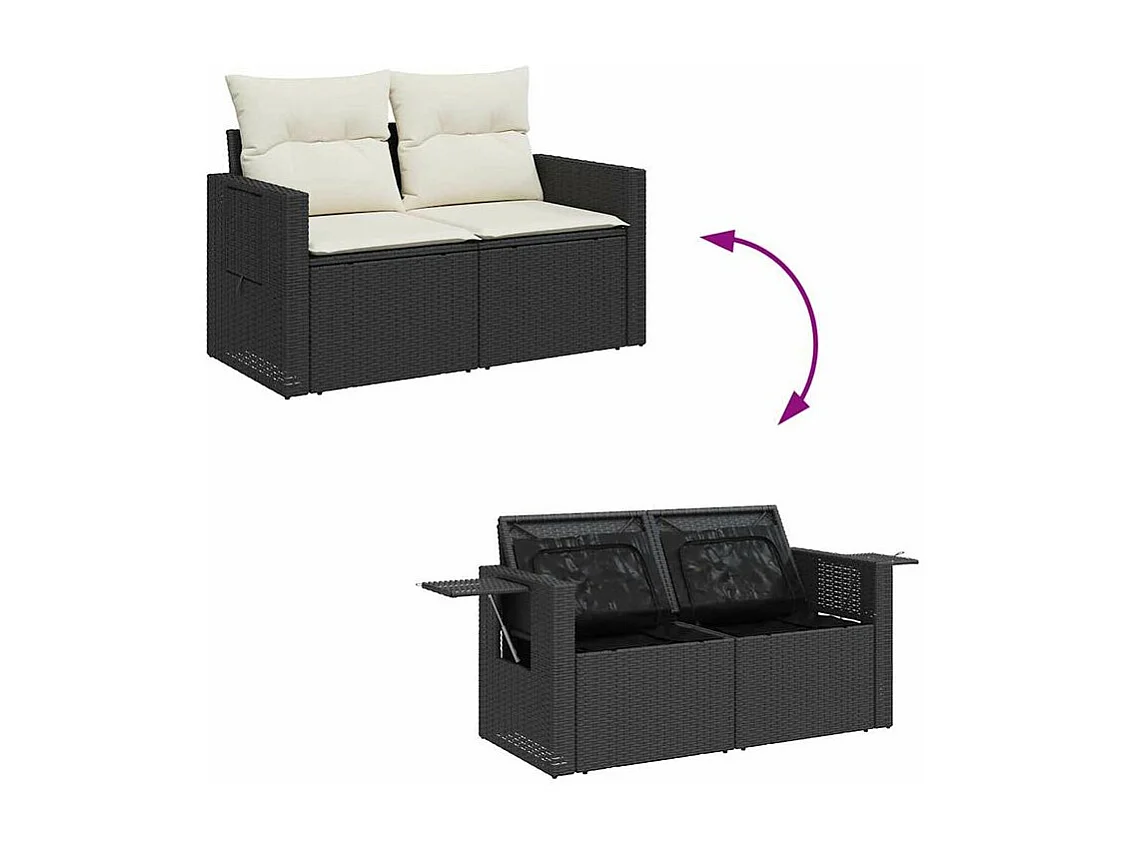 Salon de jardin avec coussins 8 pcs noir résine tressée acacia