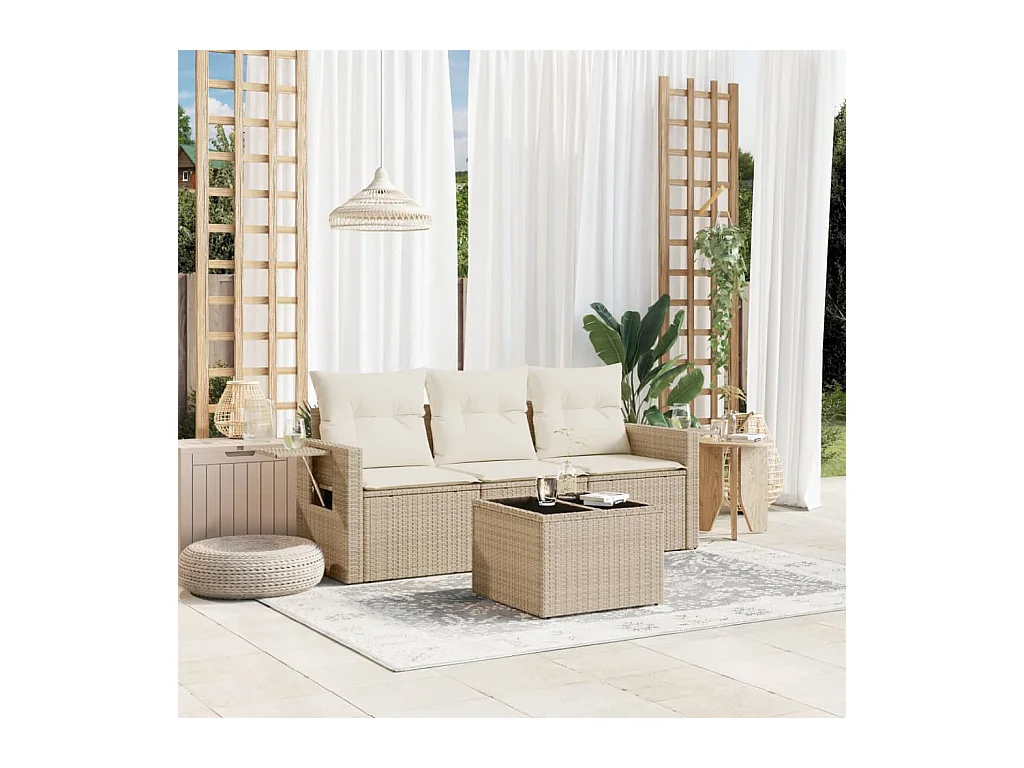 Salon de jardin avec coussins 4 pcs beige résine tressée