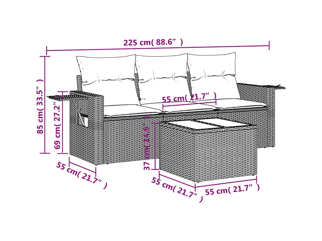 Salon de jardin avec coussins 4 pcs beige résine tressée