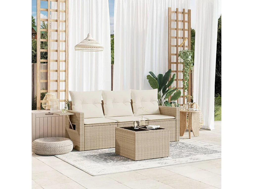 Salon de jardin avec coussins 4 pcs beige résine tressée