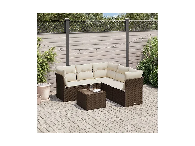 Salon de jardin avec coussins 6 pcs marron résine tressée