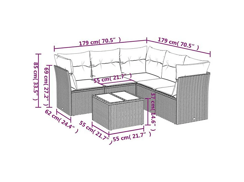 Salon de jardin avec coussins 6 pcs marron résine tressée