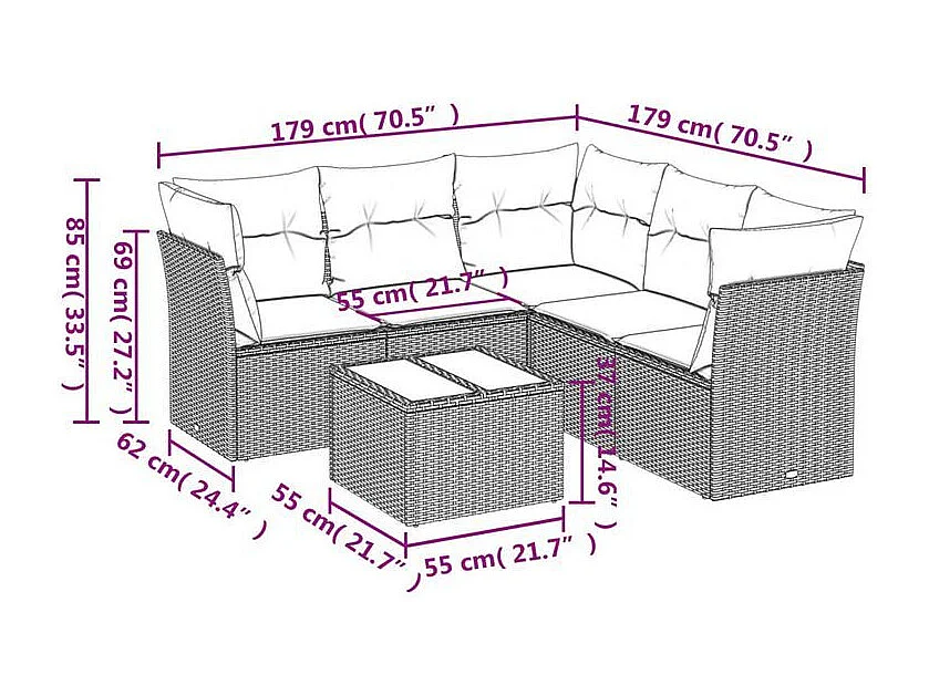 Salon de jardin avec coussins 6 pcs marron résine tressée