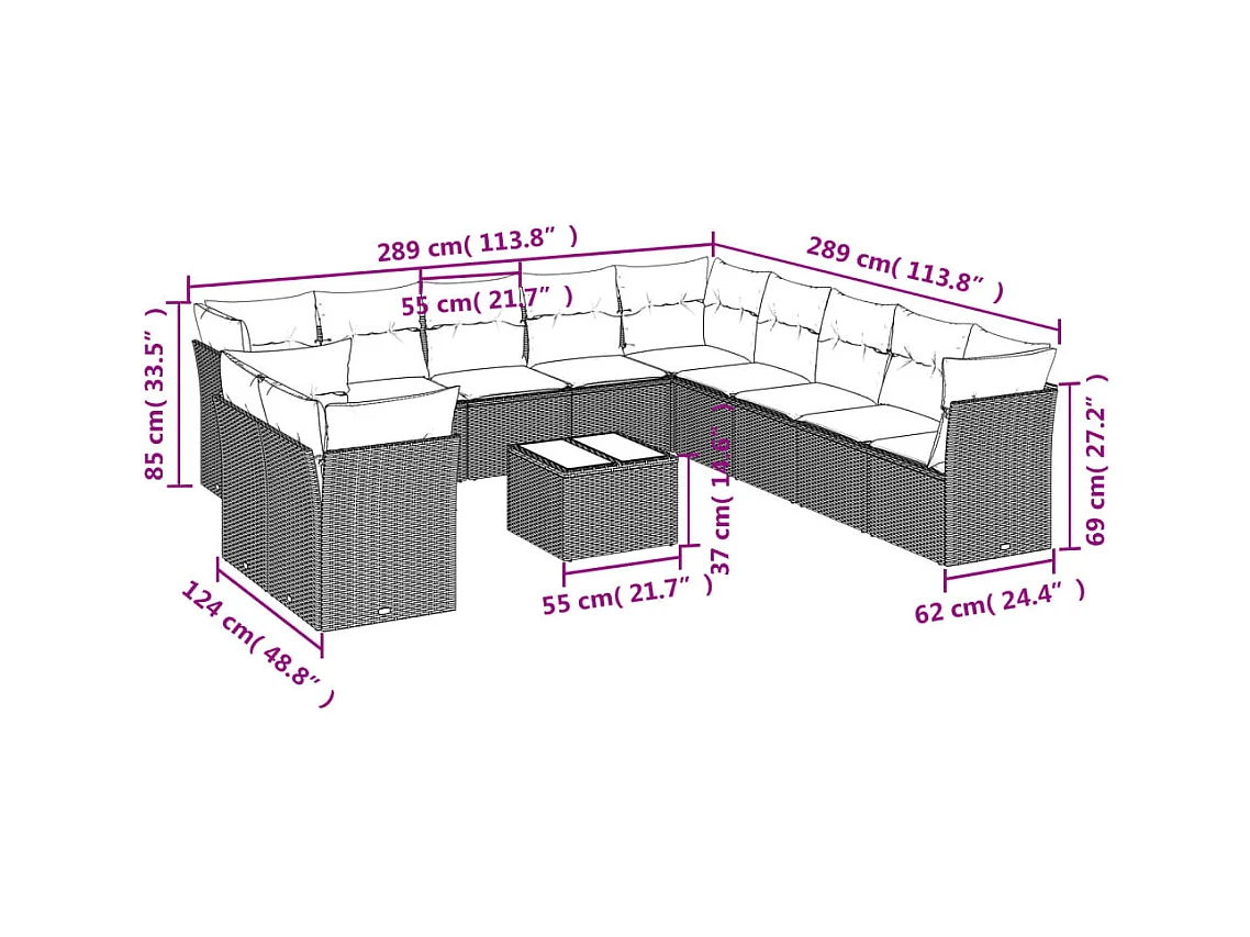 Salon de jardin 12 pcs avec coussins noir résine tressée