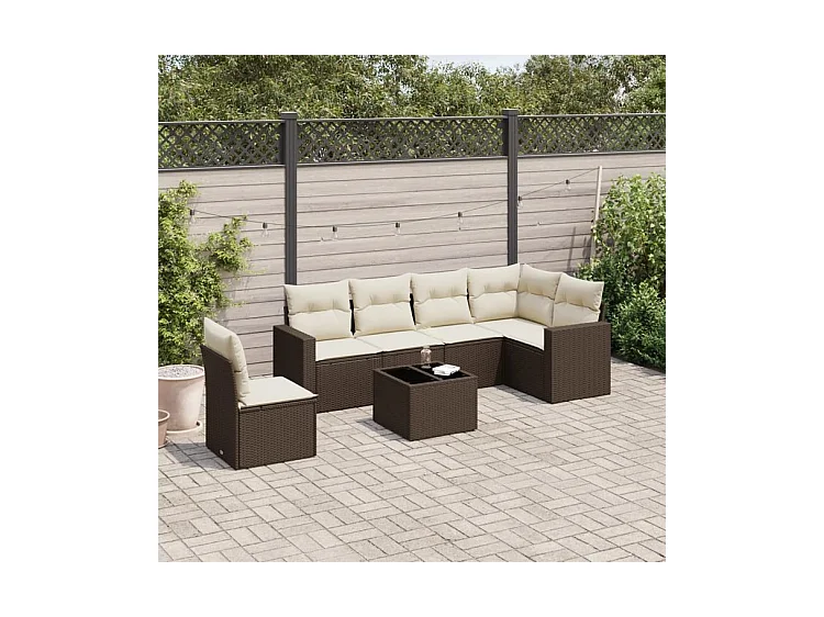 Salon de jardin avec coussins 7 pcs marron résine tressée