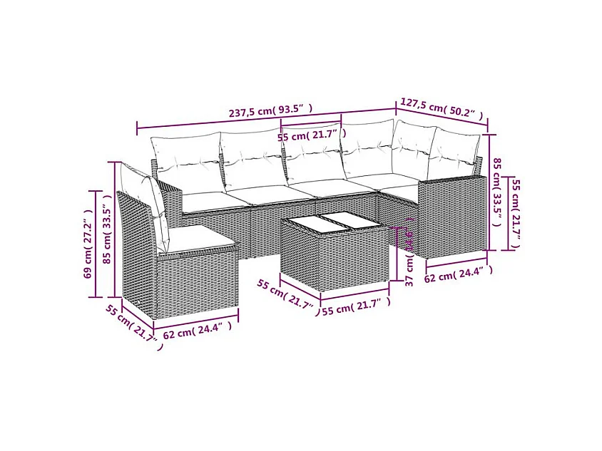 Salon de jardin avec coussins 7 pcs marron résine tressée