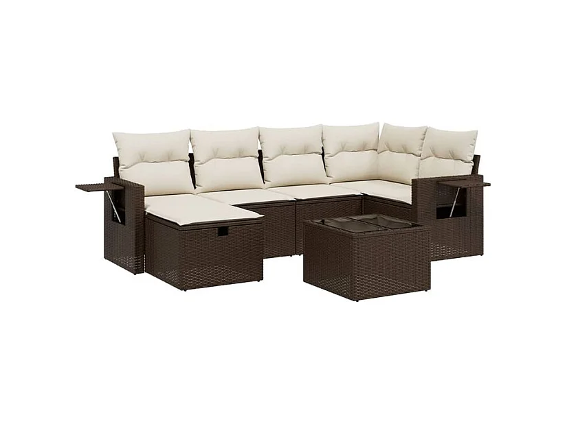 Salon de jardin avec coussins 7 pcs marron résine tressée