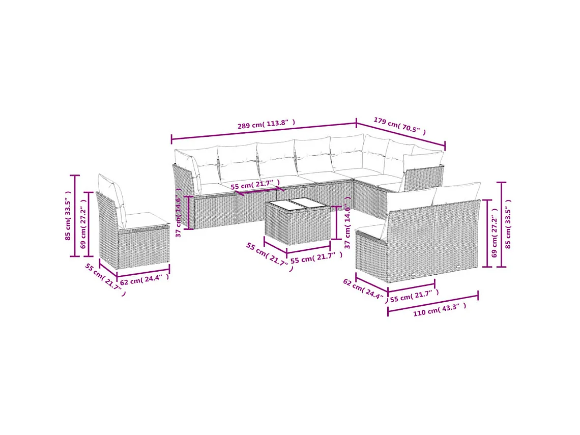 Salon de jardin 11 pcs avec coussins beige résine tressée