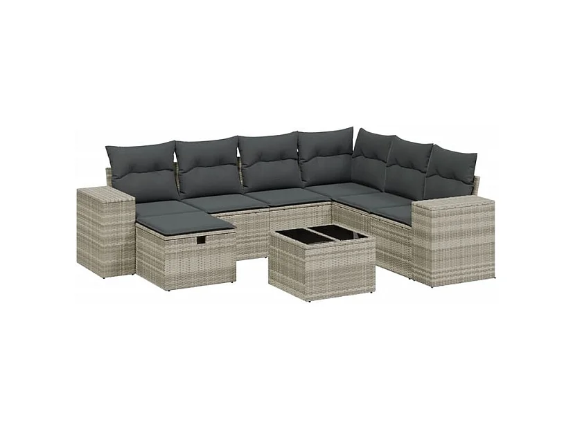 Salon de jardin 8 pcs avec coussins gris clair résine tressée