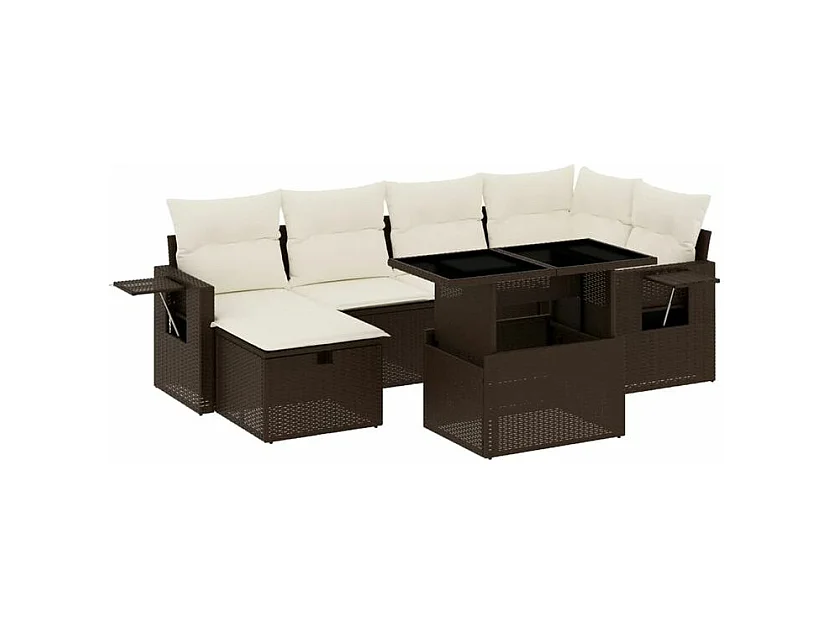 Salon de jardin avec coussins 7 pcs marron résine tressée