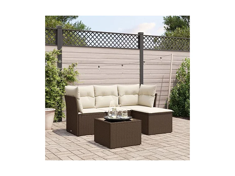 Salon de jardin avec coussins 5 pcs marron résine tressée