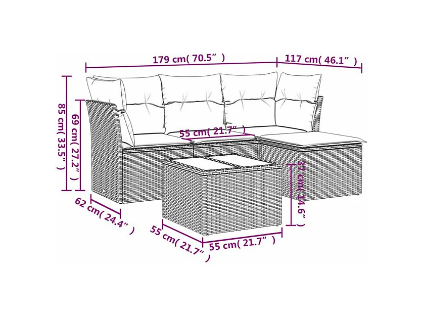 Salon de jardin avec coussins 5 pcs marron résine tressée