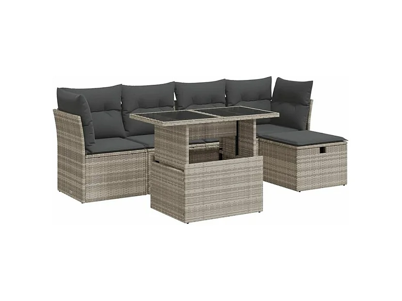 Salon de jardin 6 pcs avec coussins gris clair résine tressée