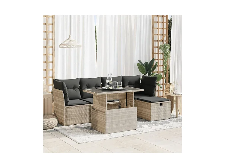 Salon de jardin 6 pcs avec coussins gris clair résine tressée