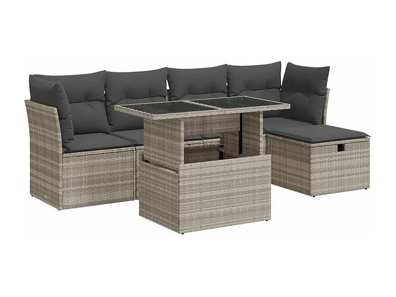 Salon de jardin 6 pcs avec coussins gris clair résine tressée