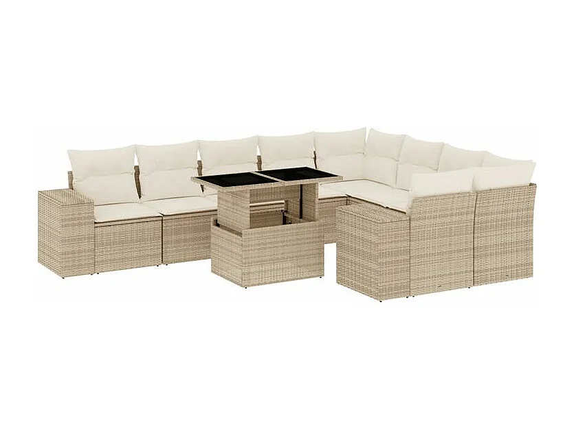 Salon de jardin avec coussins 10 pcs beige résine tressée