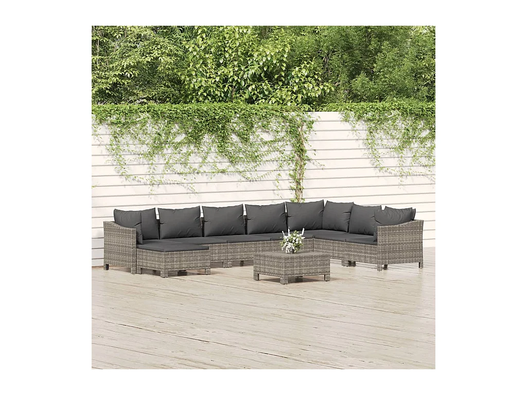 Salon de jardin 9 pcs avec coussins Gris Résine tressée