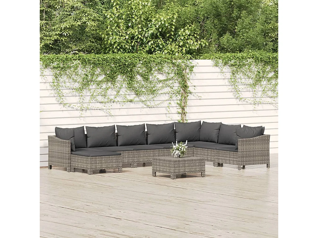 Salon de jardin 9 pcs avec coussins Gris Résine tressée