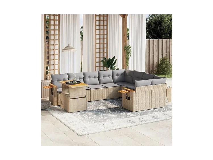 Salon de jardin avec coussins 10 pcs beige résine tressée