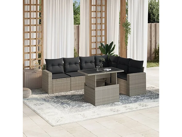 Salon de jardin avec coussins 7 pcs gris clair résine tressée