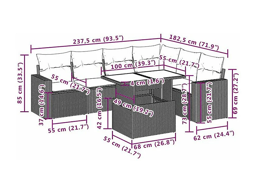 Salon de jardin avec coussins 7 pcs gris clair résine tressée