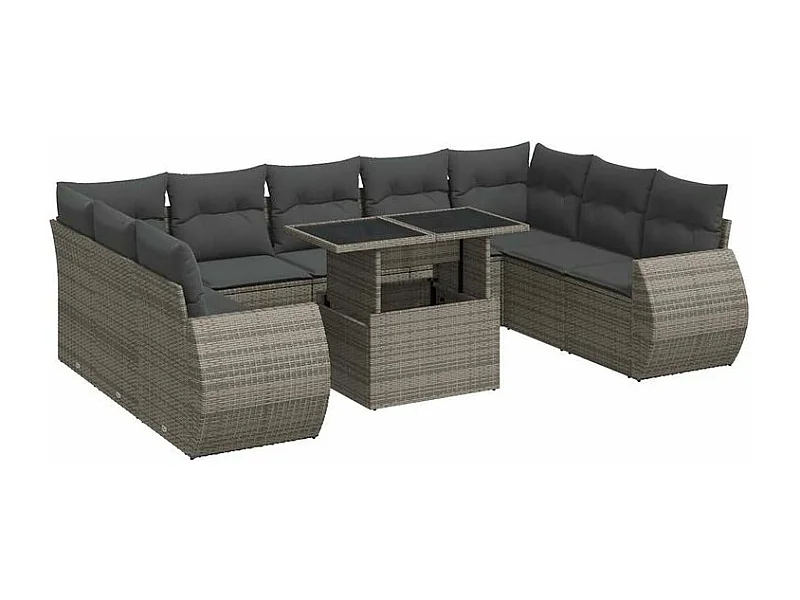 Salon de jardin avec coussins 10 pcs gris résine tressée