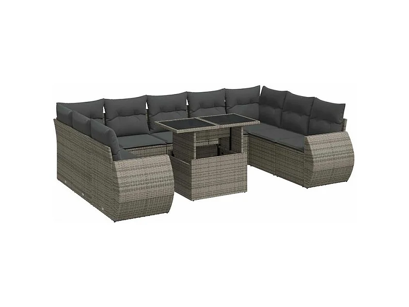 Salon de jardin avec coussins 10 pcs gris résine tressée