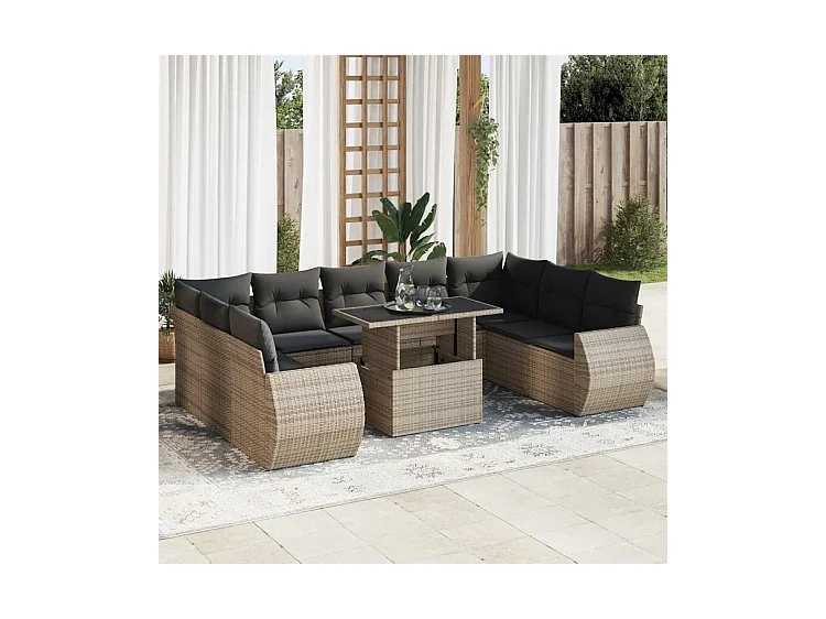 Salon de jardin avec coussins 10 pcs gris résine tressée