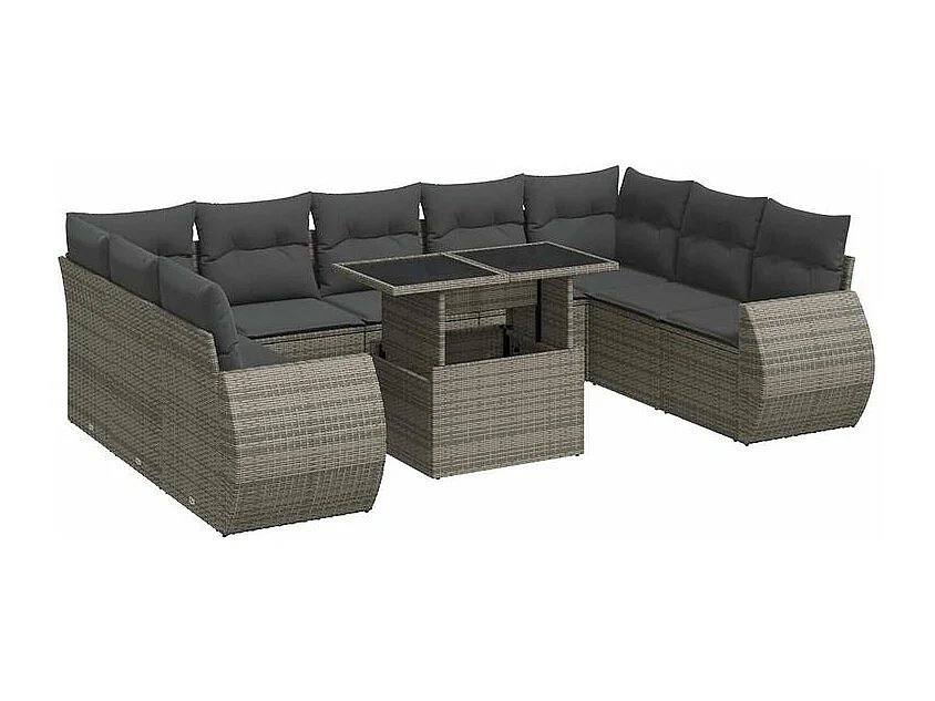 Salon de jardin avec coussins 10 pcs gris résine tressée