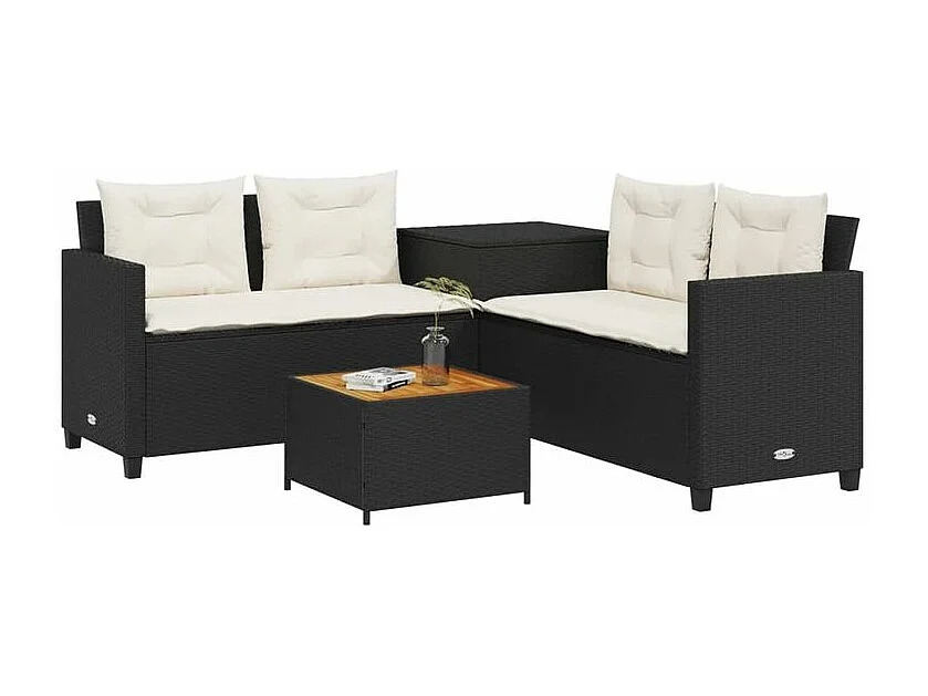 Canapé de jardin avec table et coussins en forme de L noir