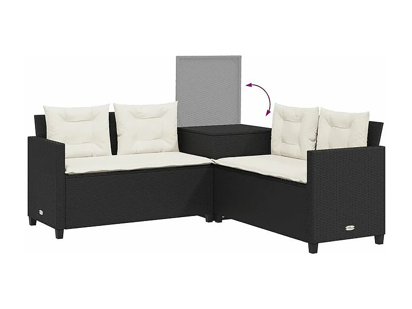 Canapé de jardin avec table et coussins en forme de L noir