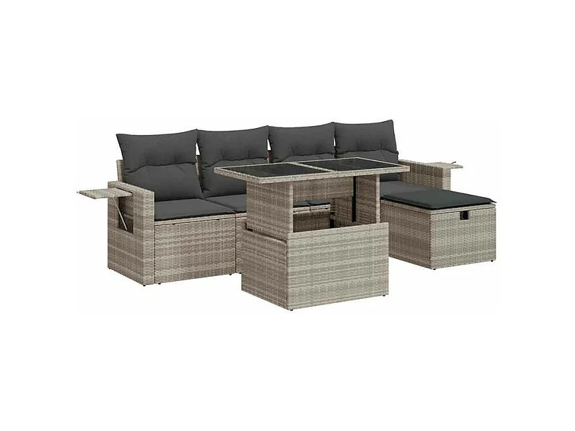 Salon de jardin 6 pcs avec coussins gris clair résine tressée