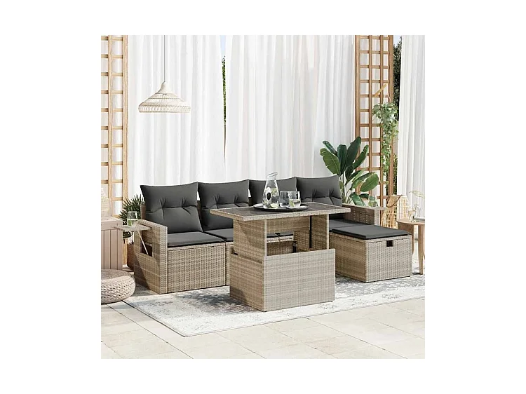 Salon de jardin 6 pcs avec coussins gris clair résine tressée