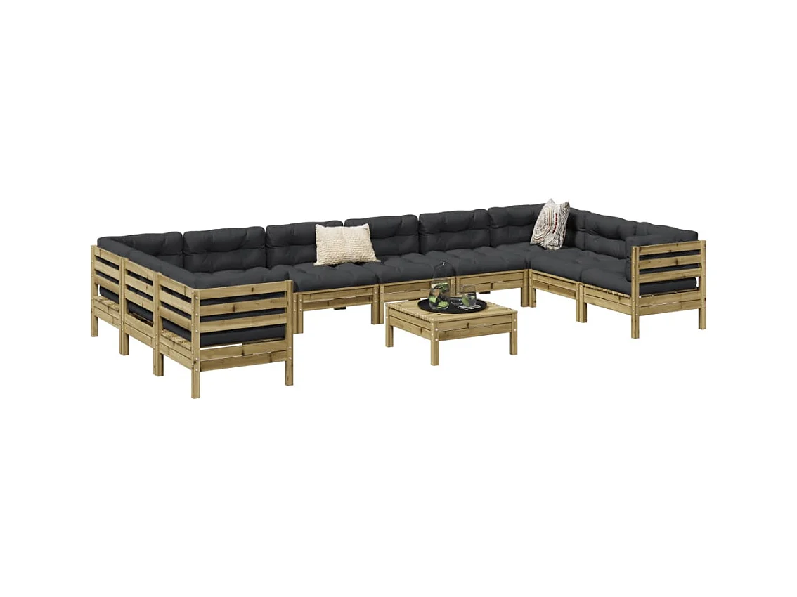 Salon de jardin avec coussins 11 pcs bois de pin imprégné