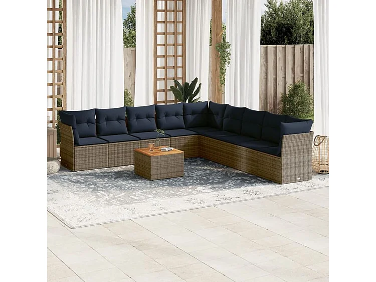 Salon de jardin 10 pcs avec coussins gris résine tressée