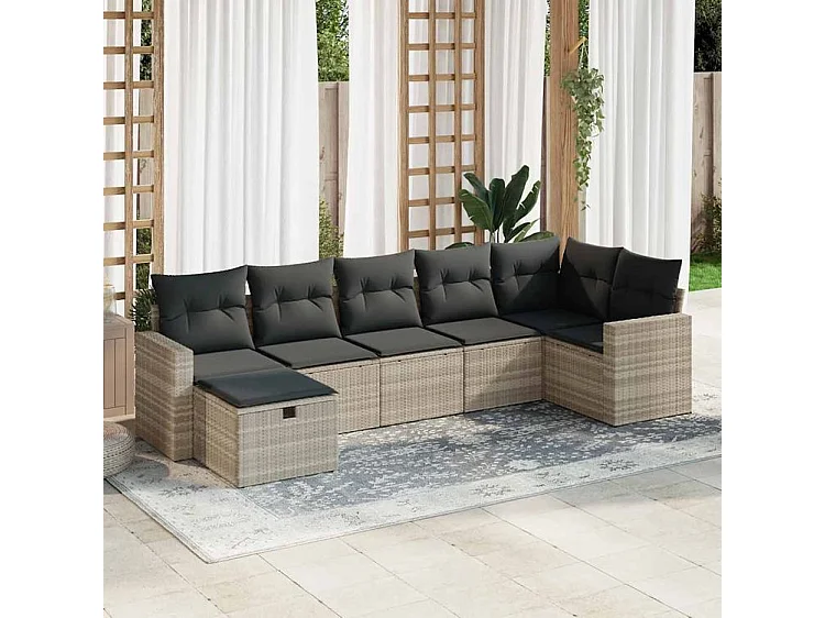 Salon de jardin avec coussins 7 pcs gris clair résine tressée