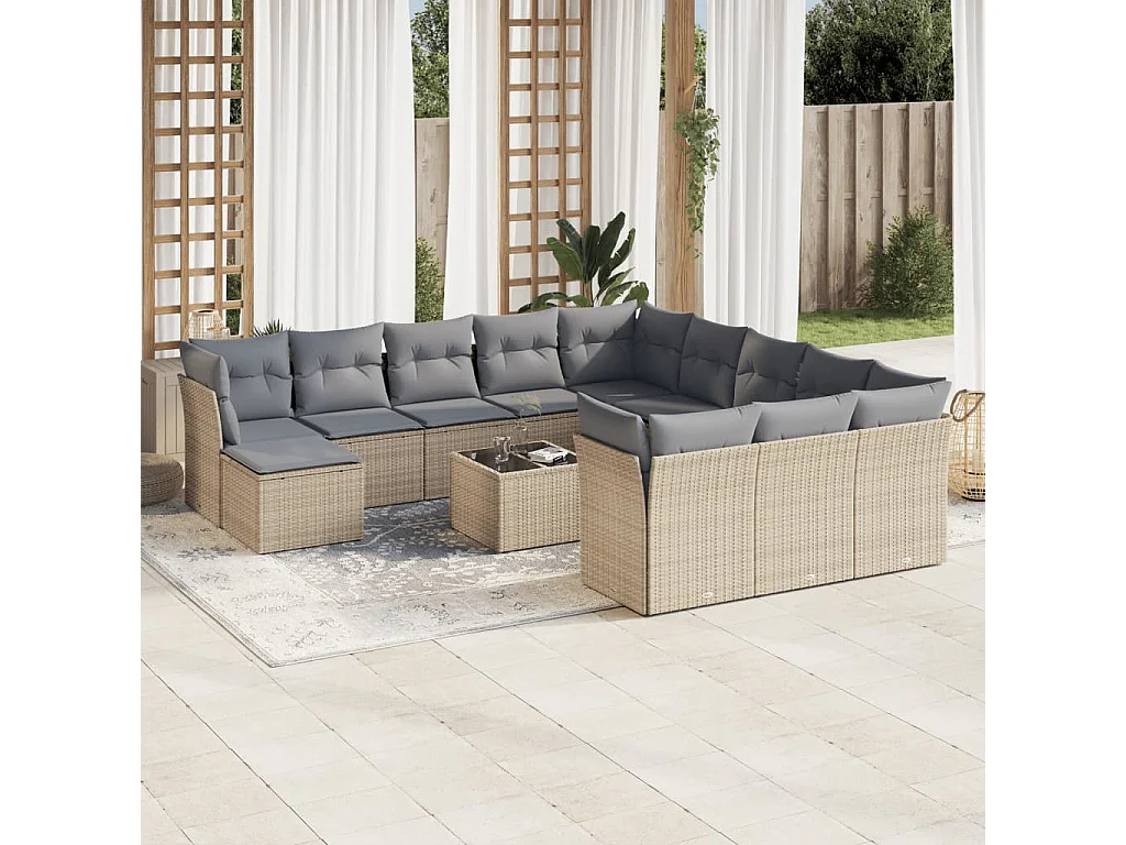 Salon de jardin avec coussins 13 pcs beige résine tressée