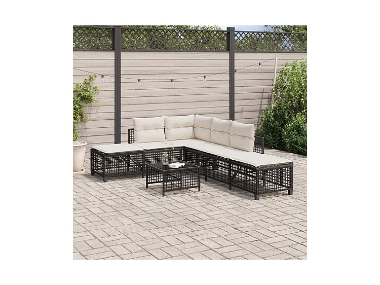 Salon de jardin d'angle 3 pcs avec coussins noir résine tressée