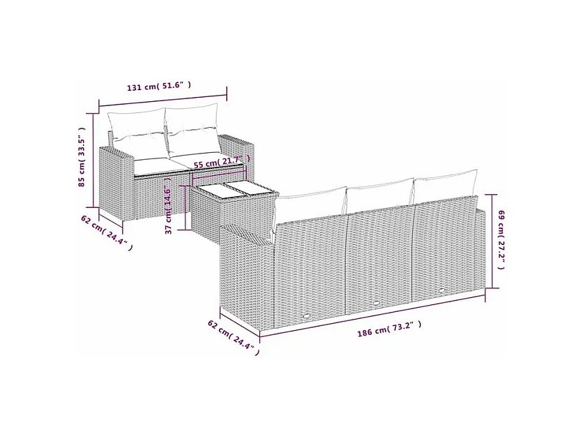 Salon de jardin avec coussins 6 pcs marron résine tressée