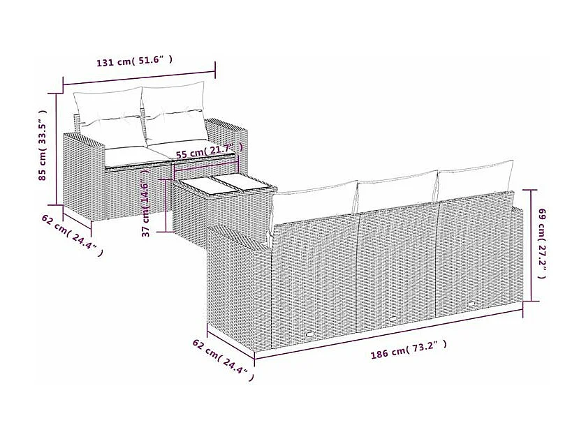 Salon de jardin avec coussins 6 pcs marron résine tressée