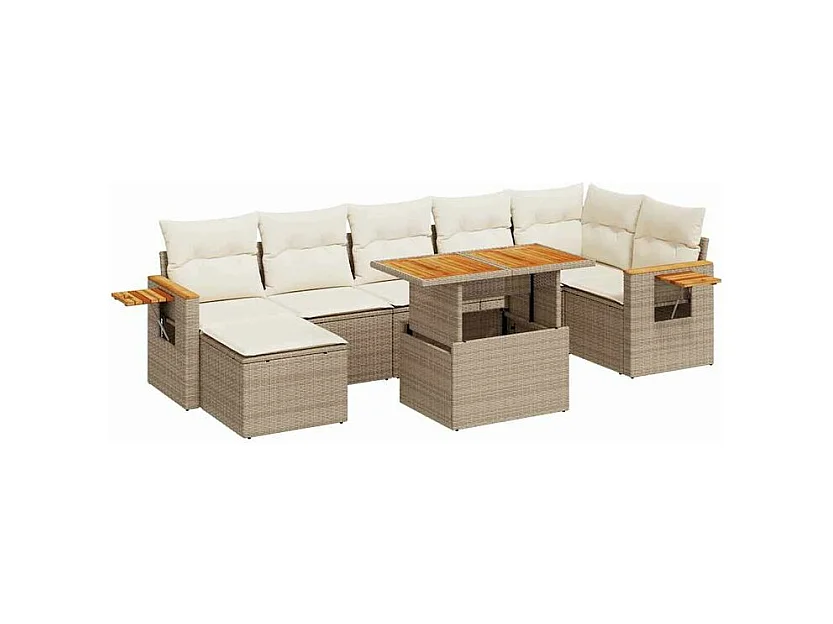 Salon de jardin avec coussins 8 pcs beige résine tressée acacia