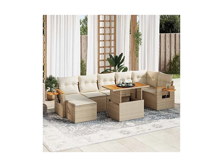 Salon de jardin avec coussins 8 pcs beige résine tressée acacia