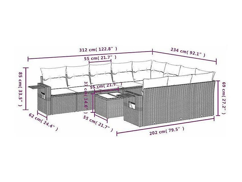 Salon de jardin et coussins 11 pcs marron résine tressée