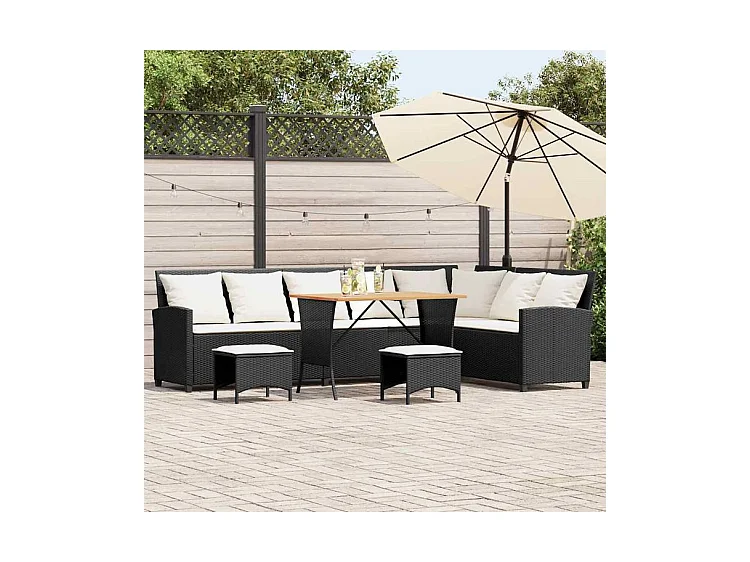 Salon de jardin 4 pcs avec coussins forme L noir résine tressée