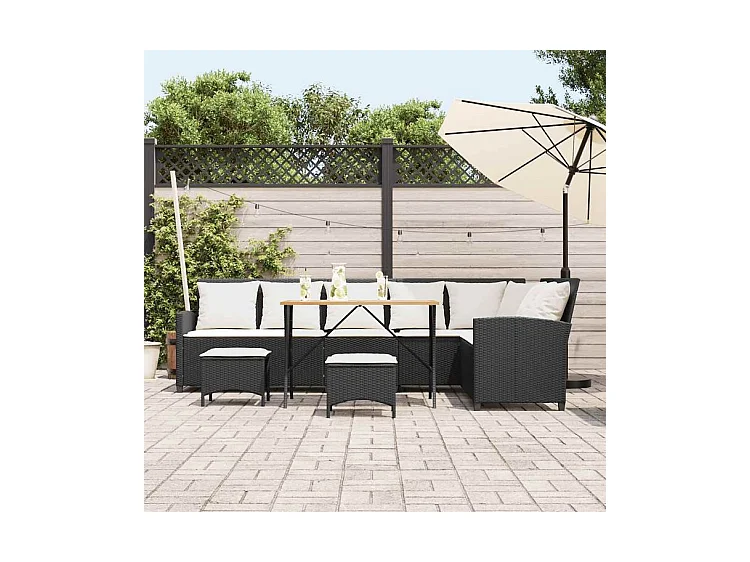Salon de jardin 4 pcs avec coussins forme L noir résine tressée