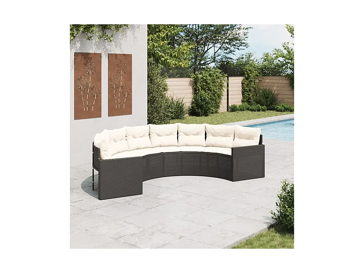 Canapé de jardin avec coussins demi-rond noir résine tressée